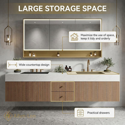60''-96'' Double Bathroom Vanity with Sink Natural-Wood White Modern Floating Top