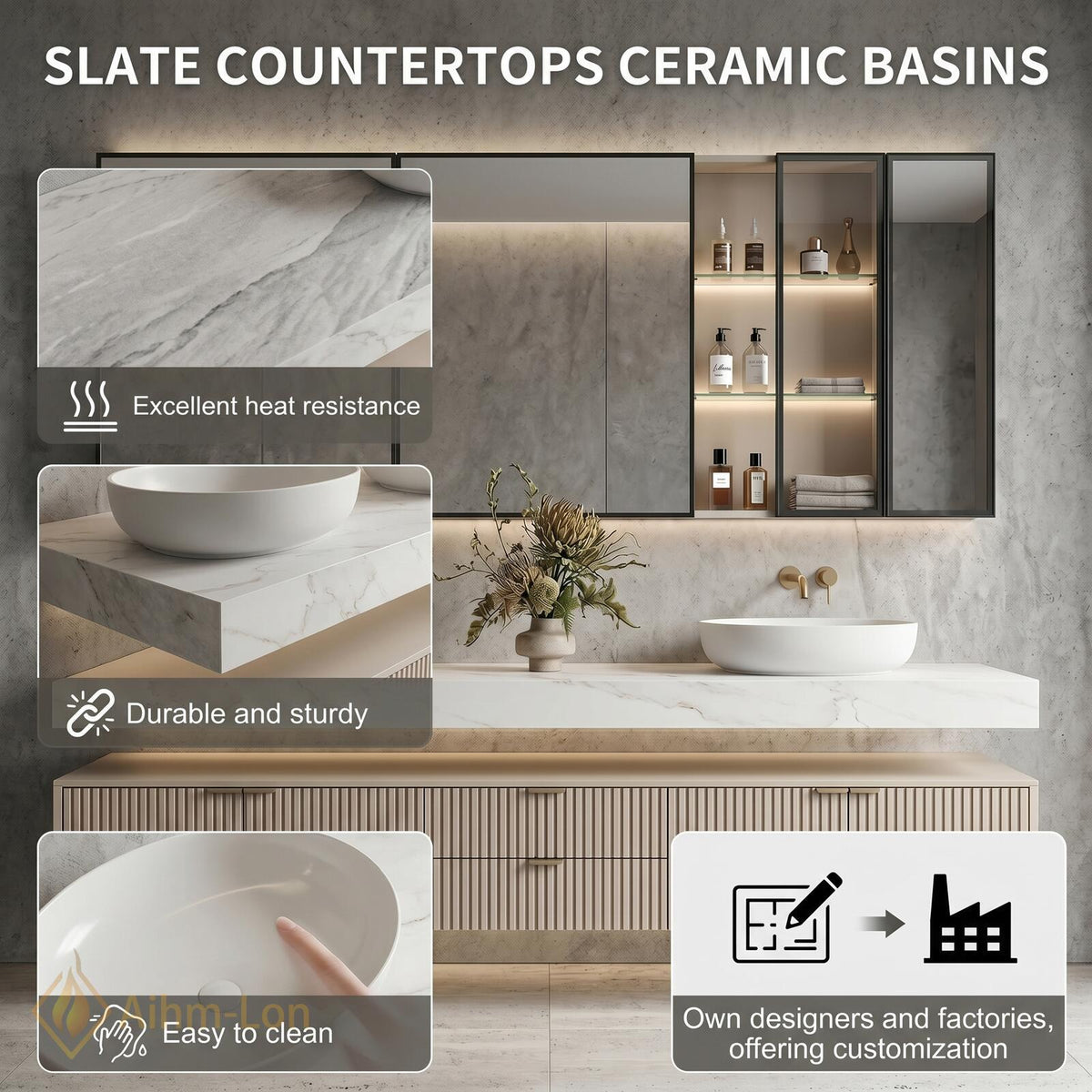 60''-96'' Double Bathroom Vanity with Sink Modern Floating Stone Top Fluted Doors