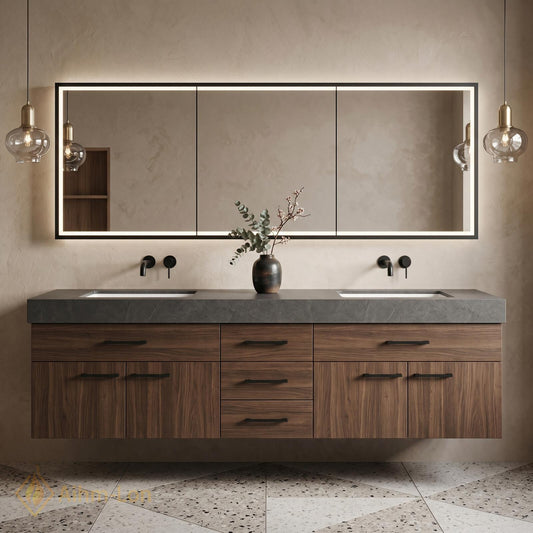 60''-96'' Double Bathroom Vanity with Sink Floating Dark Grey Marble Wood Panels