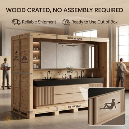 60''-96'' Modern Floating Bathroom Vanity with Sink Black Top Slatted Side Panels