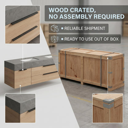 60''-96'' Modern Floating Bathroom Vanity with Sink Long Countertop Warm Oak Drawers