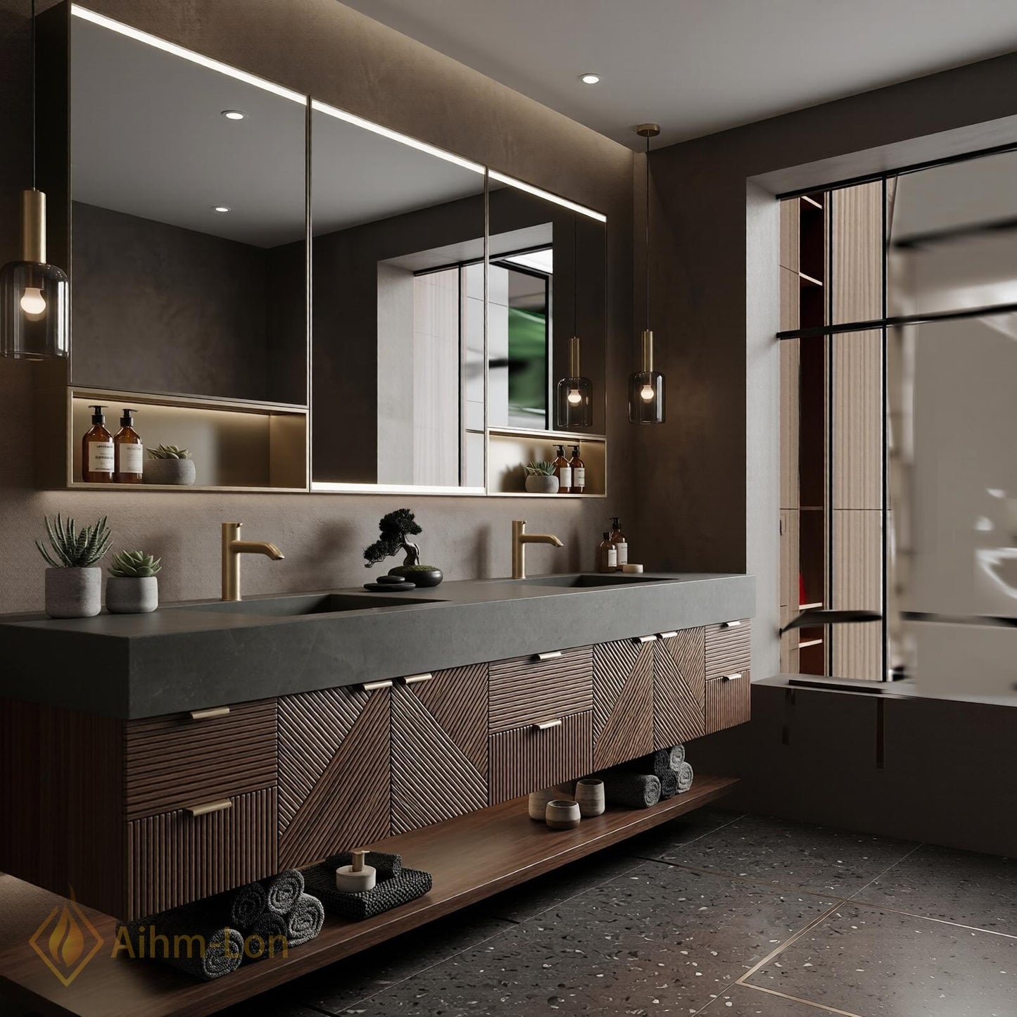 76''-96'' Modern Floating Bathroom Vanity with Sink Slatted Geometric Panels Wide Countertop