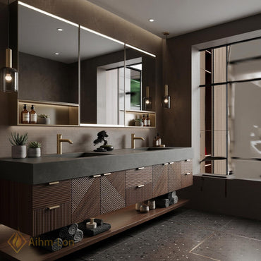 76''-96'' Modern Floating Bathroom Vanity with Sink Slatted Geometric Panels Wide Countertop