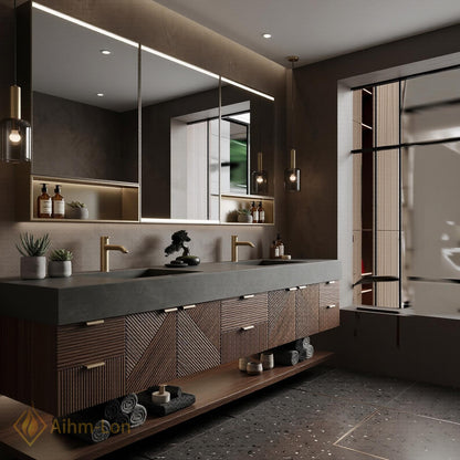 76''-96'' Modern Floating Bathroom Vanity with Sink Slatted Geometric Panels Wide Countertop