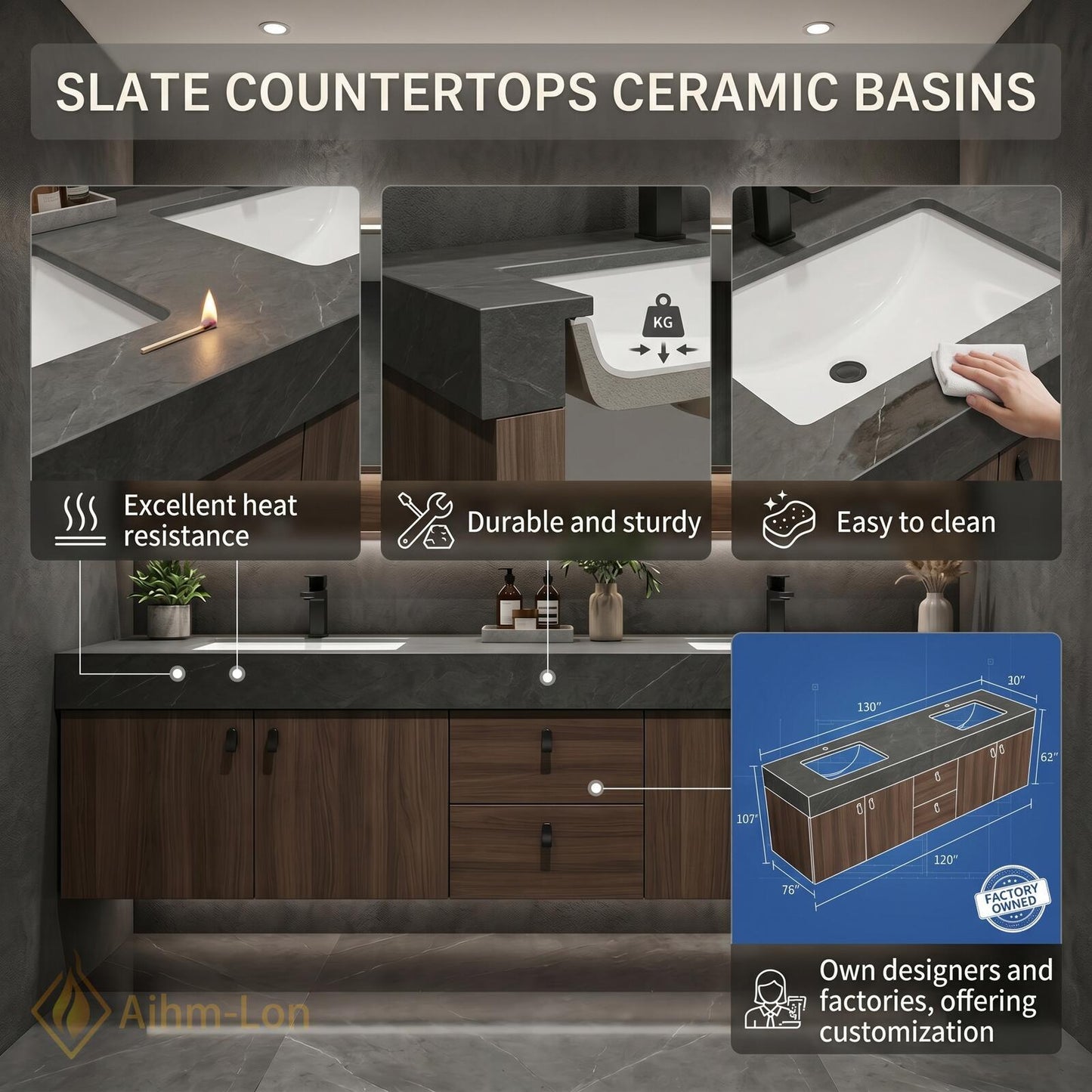 60''-96'' Modern Bathroom Vanity with Sink Floating Dark Walnut Stone Solid Wood Drawers