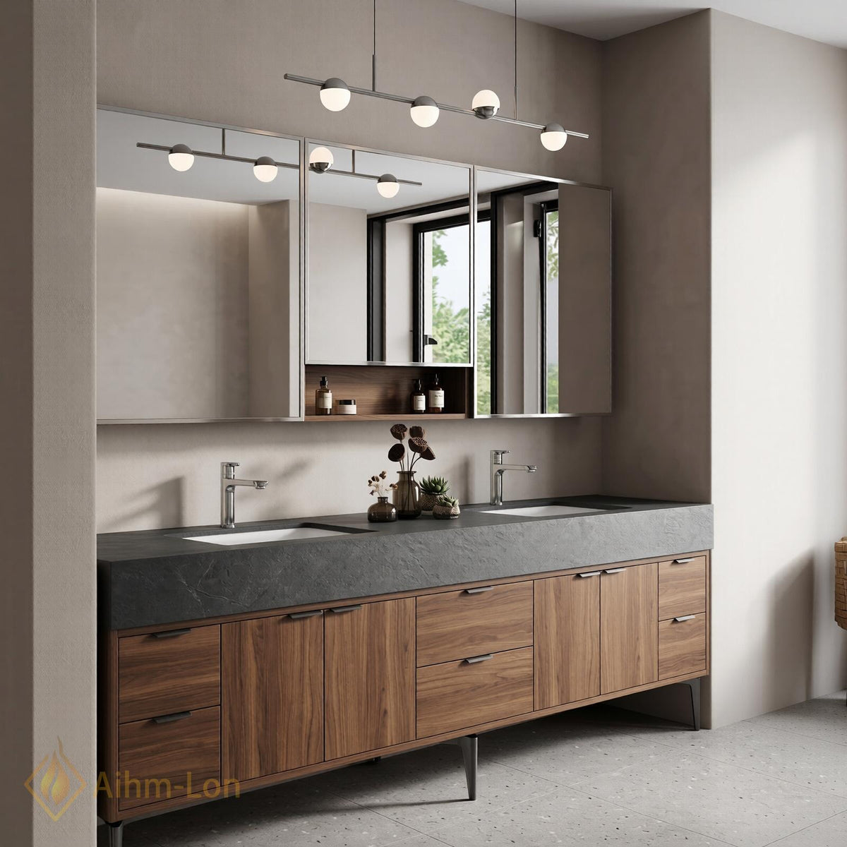 60''-96'' Double Bathroom Vanity with Sink Modern Floating Dark Stone Under-Cabinet Drawers