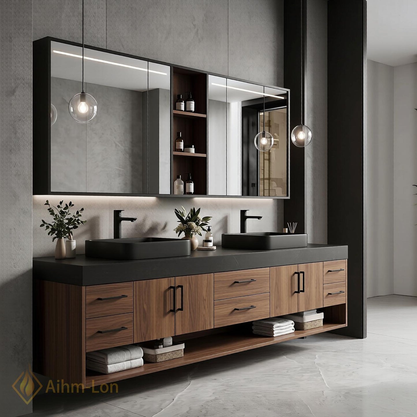 72''-96'' Double Bathroom Vanity with Sink Dark-Walnut Modern Slatted-Panel Finish