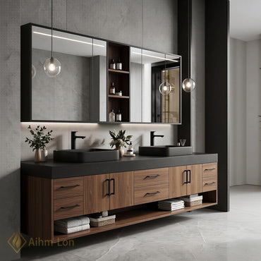 72''-96'' Double Bathroom Vanity with Sink Dark-Walnut Modern Slatted-Panel Finish