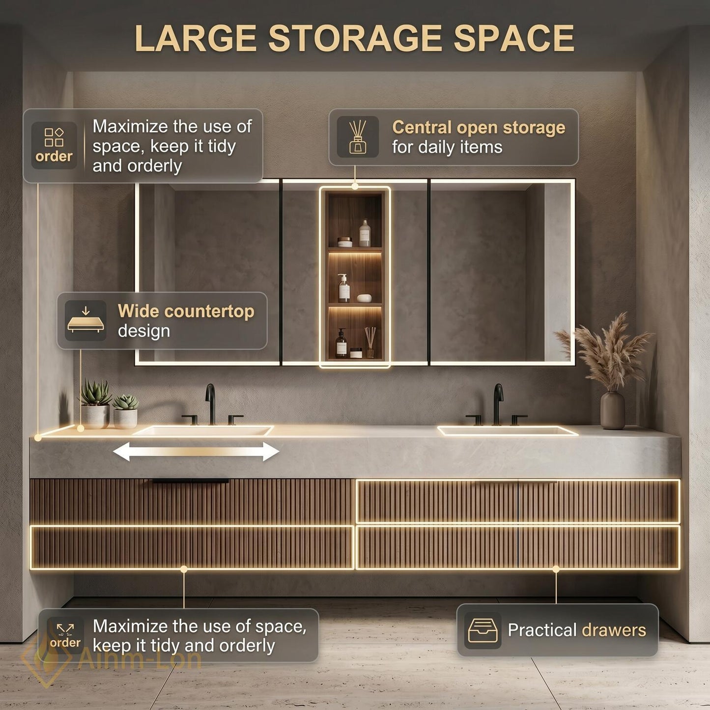 60''-96'' Double Bathroom Vanity with Sink Wood Modern Floating Slatted Stone-Top