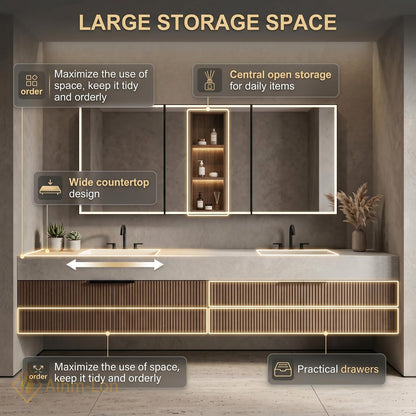 60''-96'' Double Bathroom Vanity with Sink Wood Modern Floating Slatted Stone-Top