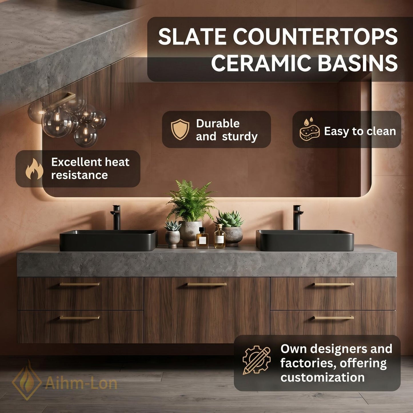 60''-96'' Double Bathroom Vanity with Sink Walnut Modern Floating Top Grain Drawers