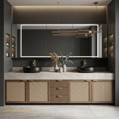 70''-96'' Double Bathroom Vanity with Sink Dark Walnut Finish Rattan Slatted Center