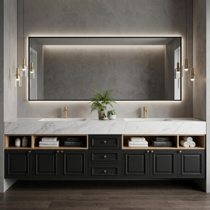 60''-96'' Double Bathroom Vanity with Sink Modern Floating Black Finish Open Wood Shelving