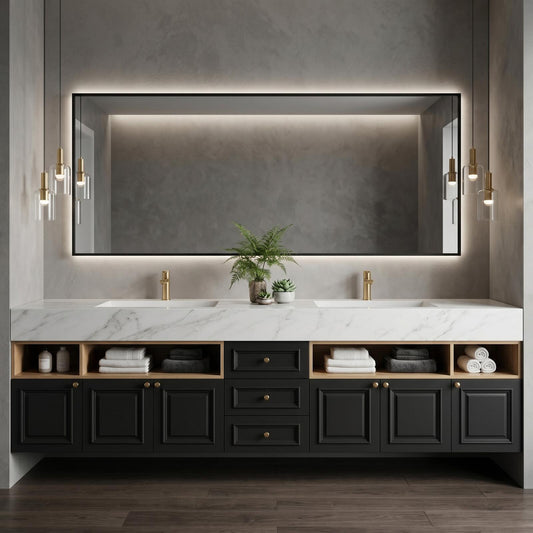 60''-96'' Double Bathroom Vanity with Sink Modern Floating Black Finish Open Wood Shelving