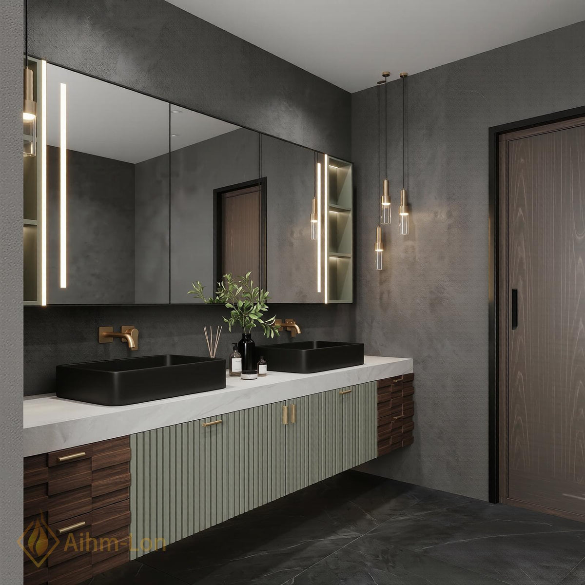 78''-96'' Bathroom Vanity with Sink Floating Double Sage Finish Fluted Front Muted