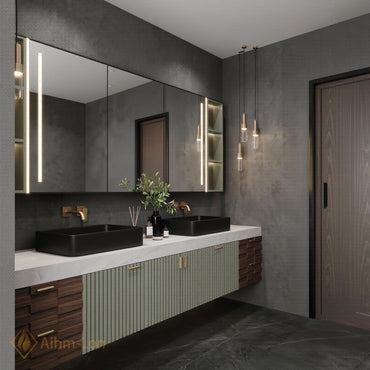 78''-96'' Bathroom Vanity with Sink Floating Double Sage Finish Fluted Front Muted