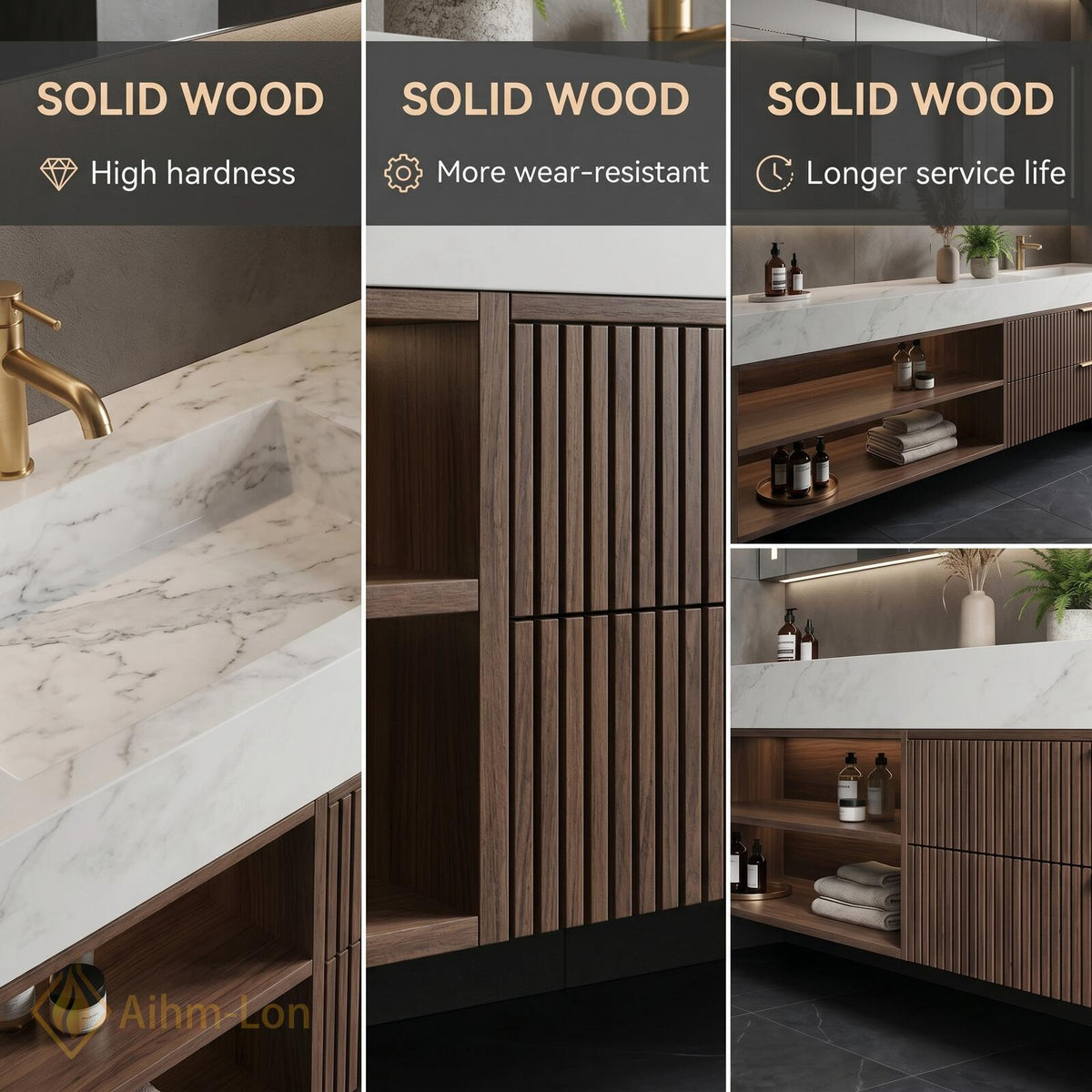 60''-96'' Modern Bathroom Vanity with Sink Slatted Dark Walnut Finish Open Shelving