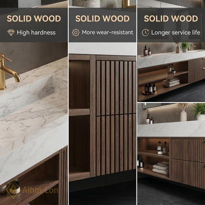 60''-96'' Modern Bathroom Vanity with Sink Slatted Dark Walnut Finish Open Shelving