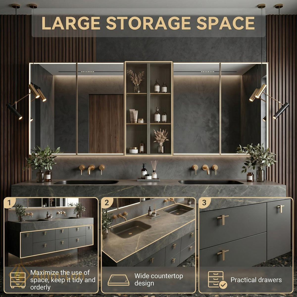 60''-96'' Double Bathroom Vanity with Sink Matte Green Frame Spacious Mirror Storage
