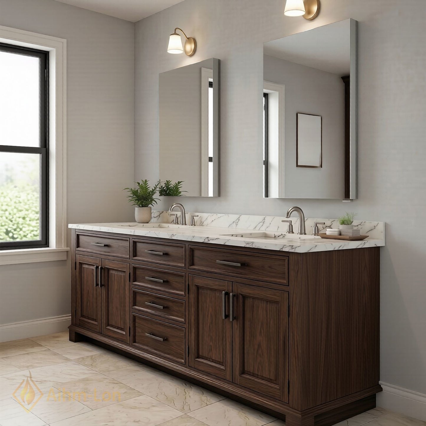 70''-96'' Elegant Bathroom Vanity with Sink Dark Wood Marble Deep Drawers Cabinet