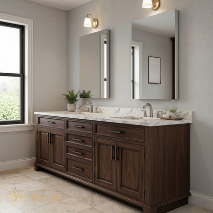 70''-96'' Elegant Bathroom Vanity with Sink Dark Wood Marble Deep Drawers Cabinet