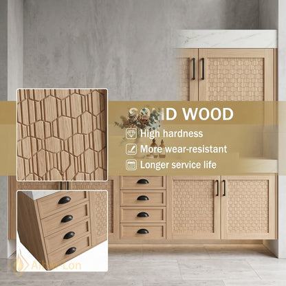 60''-96'' Double Bathroom Vanity with Sink Woven Texture Doors Marble Top Shelving
