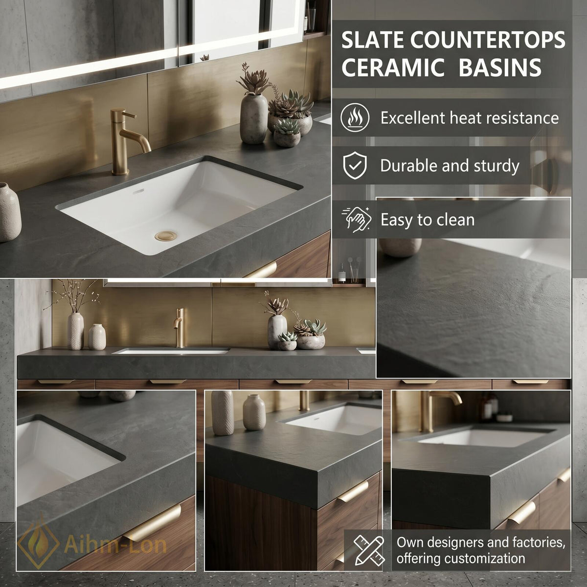 60''-96'' Double Bathroom Vanity with Sink Deep Grey Stone Wood Grain Drawers
