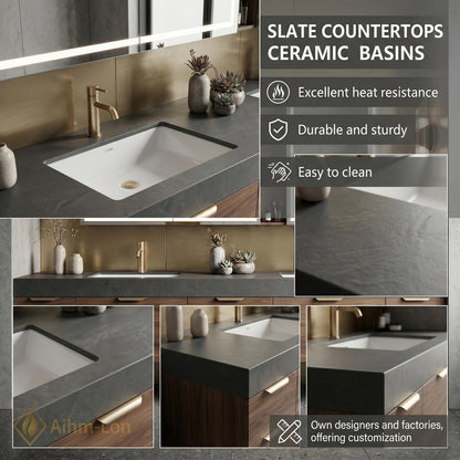 60''-96'' Double Bathroom Vanity with Sink Deep Grey Stone Wood Grain Drawers