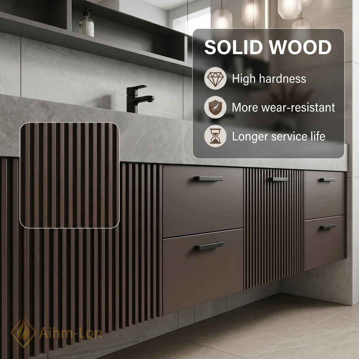 60''-96'' Double Bathroom Vanity with Sink Fluted Panels Charcoal Grey Finish