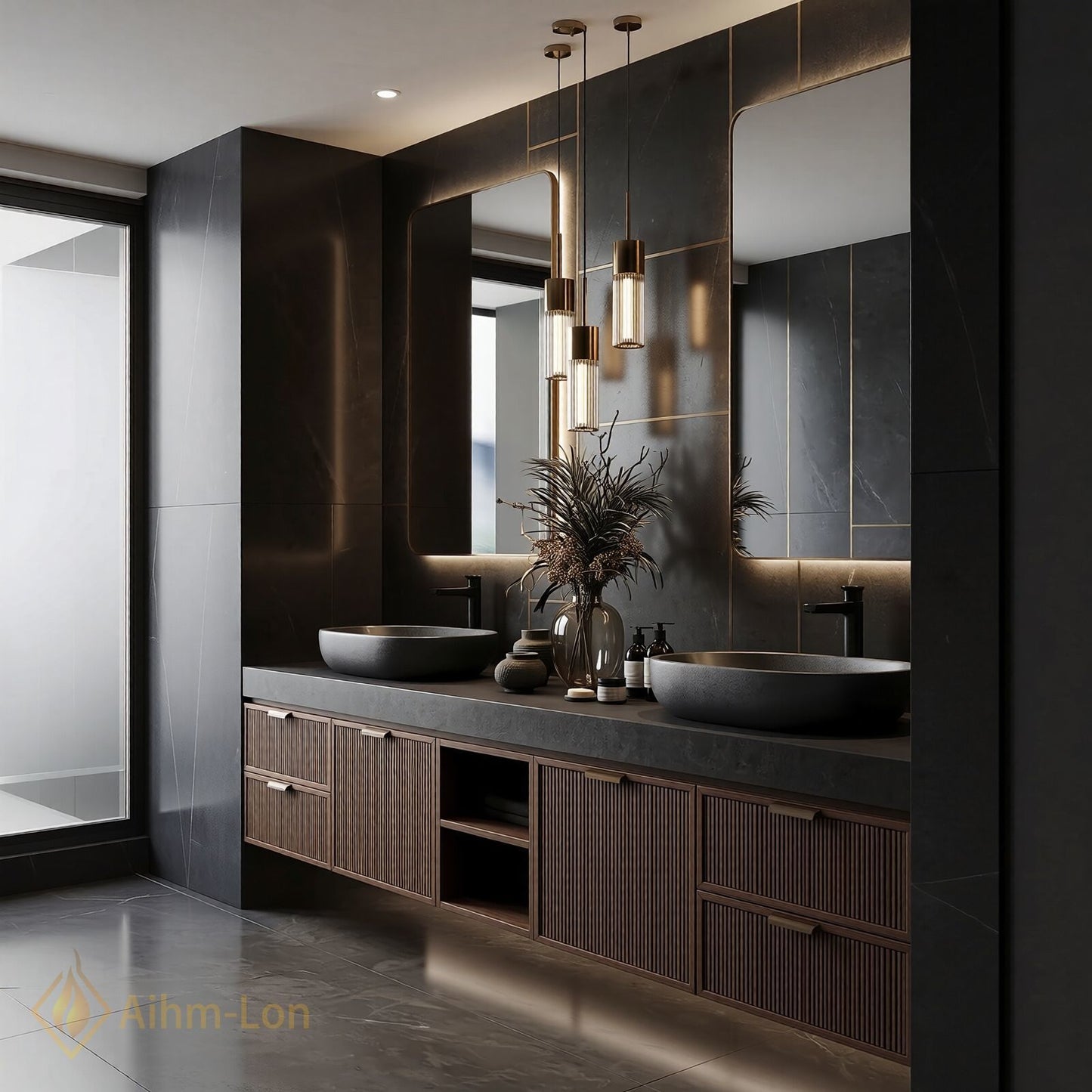 70''-96'' Double Bathroom Vanity with Sink Slatted Wide Solid Surface Top Dark
