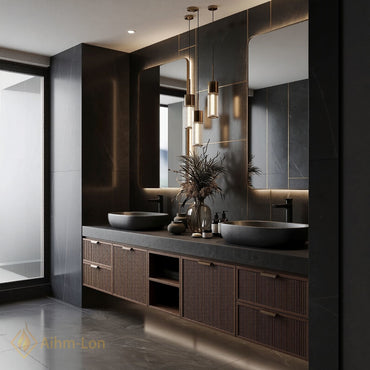 70''-96'' Double Bathroom Vanity with Sink Slatted Wide Solid Surface Top Dark