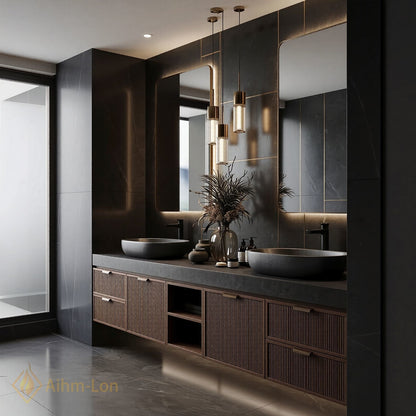 70''-96'' Double Bathroom Vanity with Sink Slatted Wide Solid Surface Top Dark