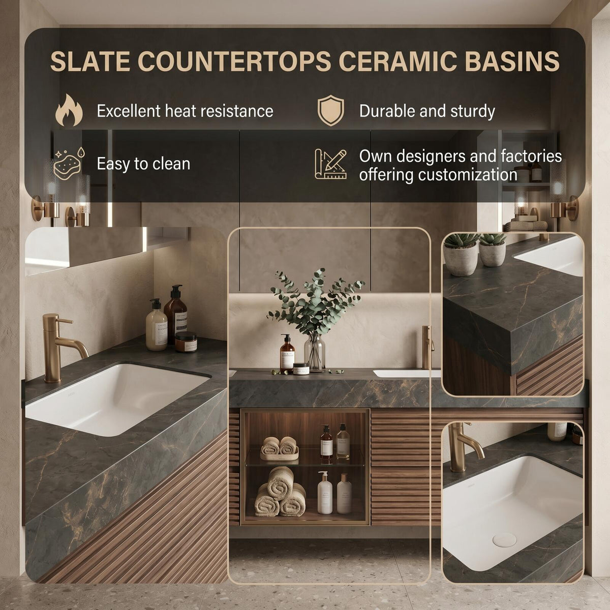 60''-96'' Double Bathroom Vanity with Sink Modern Floating Dark Stone-Effect Slatted Wood