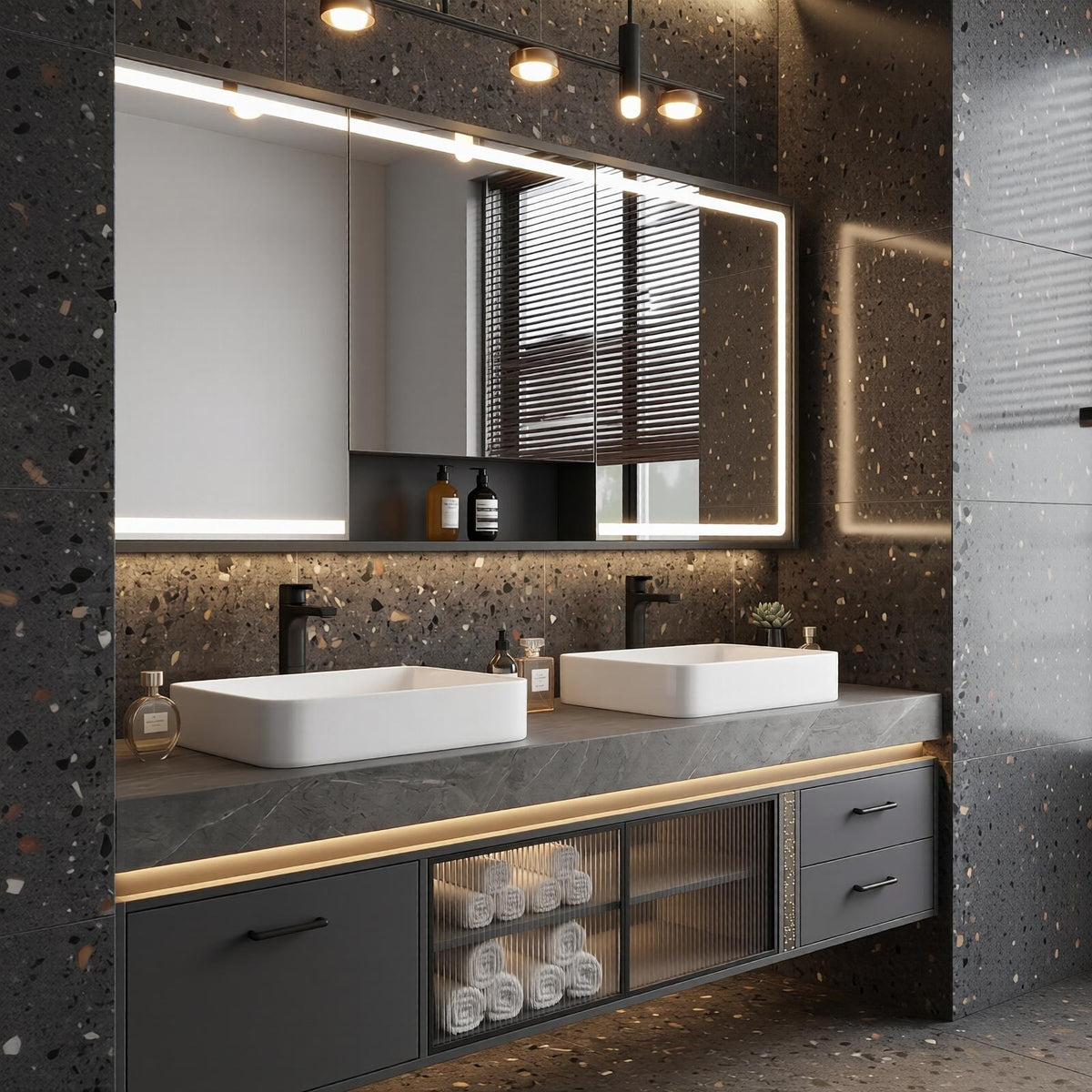 60''-96'' Double Bathroom Vanity with Sink Modern Floating Charcoal Gray Matte Ribbed Glass