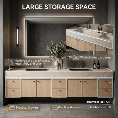 76''-96'' Double Bathroom Vanity with Sink Warm-Oak Modern Drawers Mirror Wall