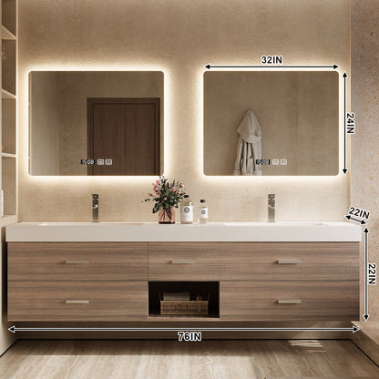 56"- 78"Floating Bathroom Vanity Includes Five Brown Wood Design Drawer