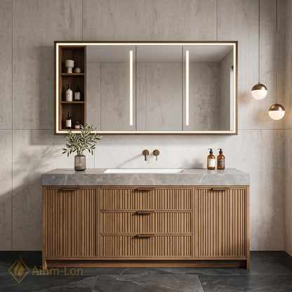 36''-110'' Bathroom Vanity with Sink Floating Sintered Stone Top Slatted Doors