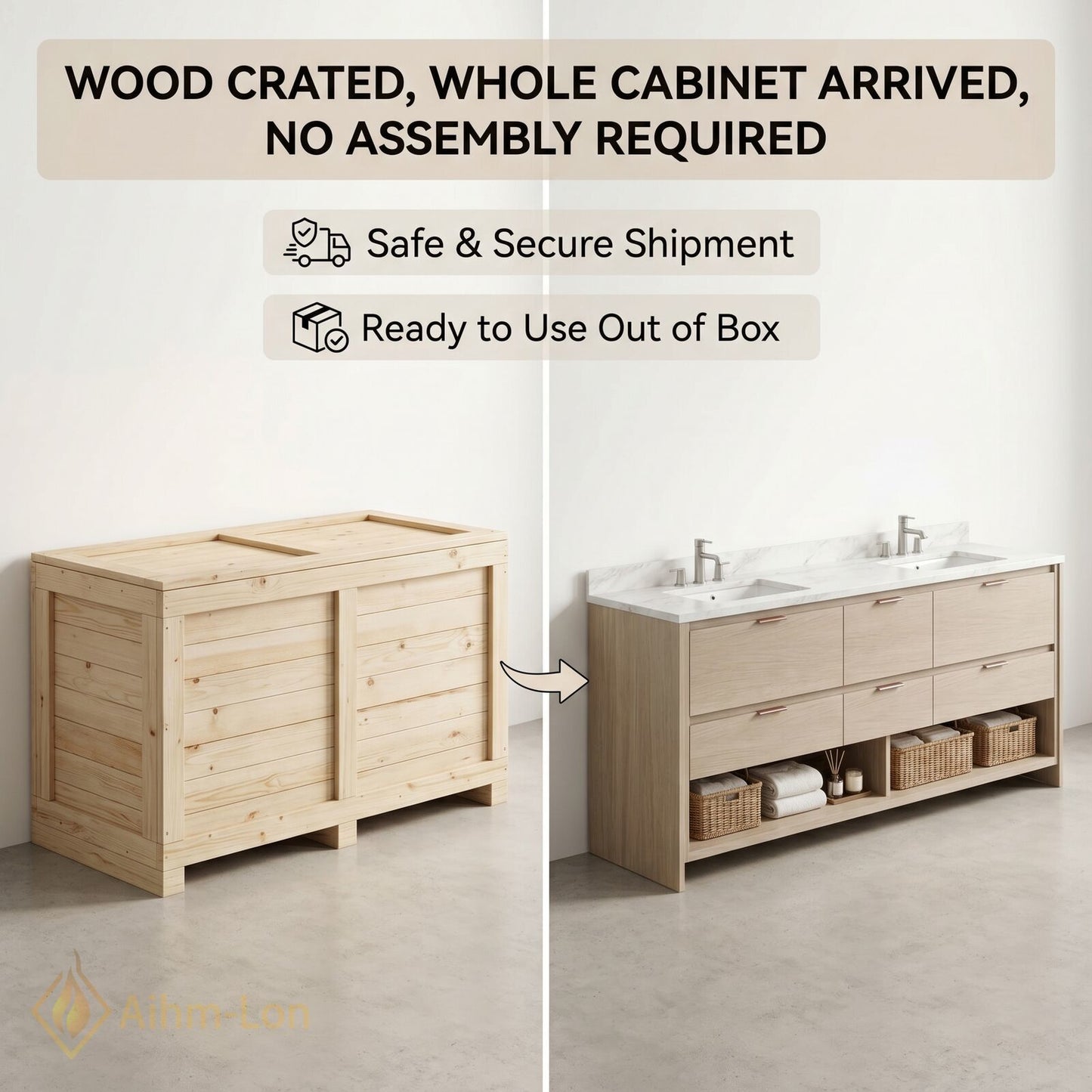 70''-96'' Double Bathroom Vanity with Sink Marble-Style Top Floating Frame Design