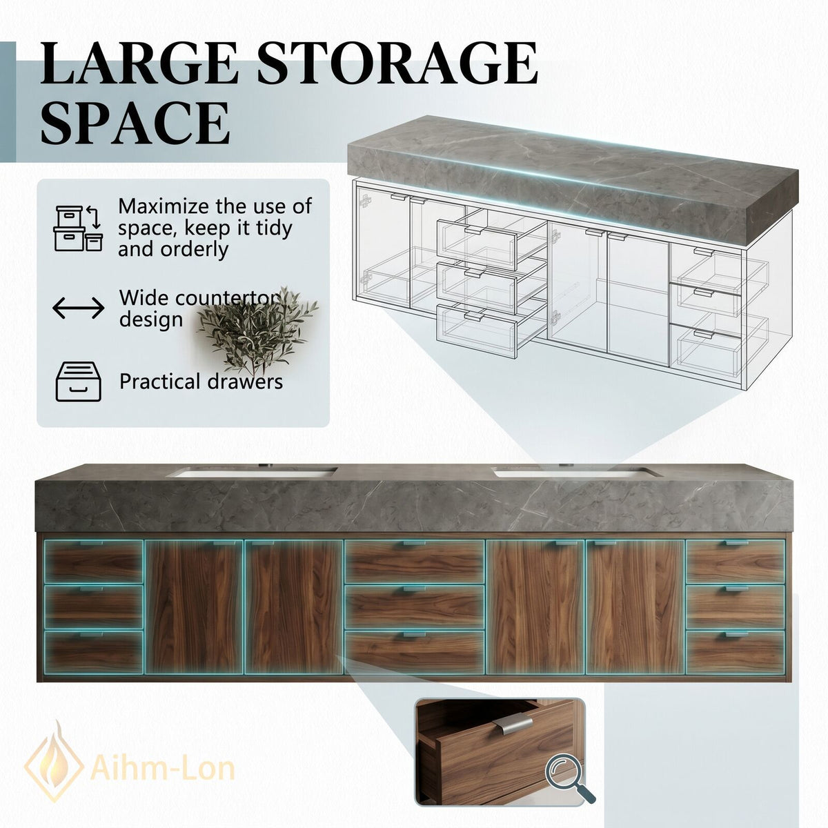 78''-96'' Double Bathroom Vanity with Sink Dark Walnut Slatted Center Drawer Storage