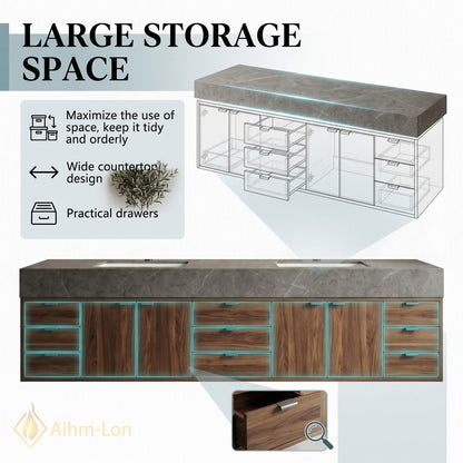 78''-96'' Double Bathroom Vanity with Sink Dark Walnut Slatted Center Drawer Storage