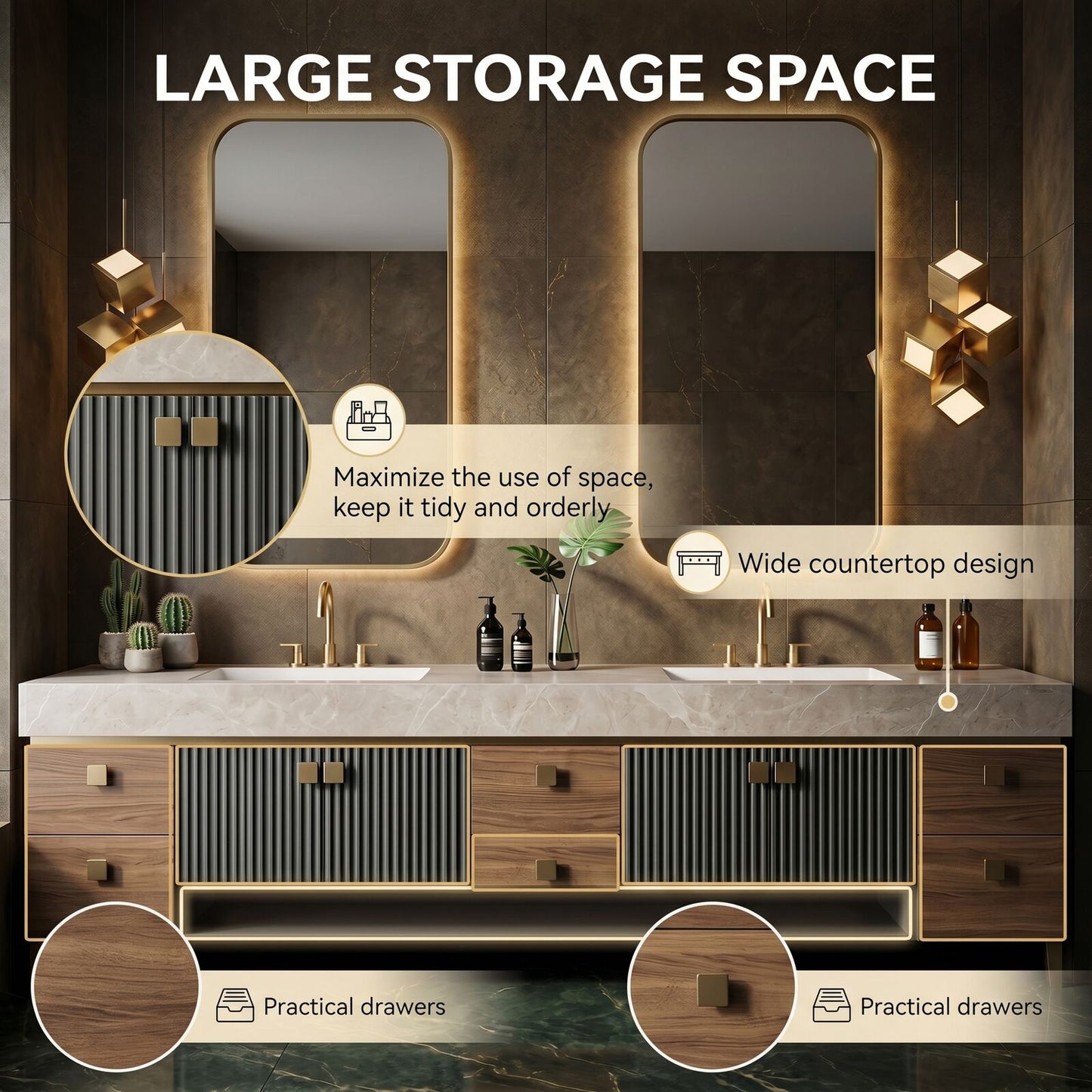 72''-96'' Modern Bathroom Vanity with Sink Double Sink Fluted Panel White Marble Drawers