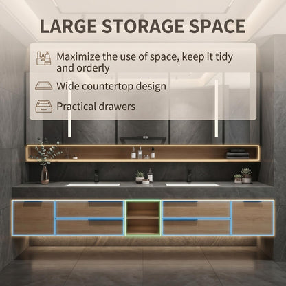 60''-96'' Modern Floating Bathroom Vanity with Sink Long Countertop Warm Oak Drawers