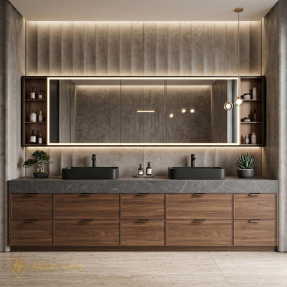 60''-96'' Double Bathroom Vanity with Sink Dark-Wood Modern Basins Vessel Wide