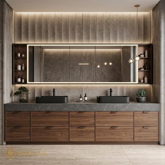 60''-96'' Double Bathroom Vanity with Sink Dark-Wood Modern Basins Vessel Wide