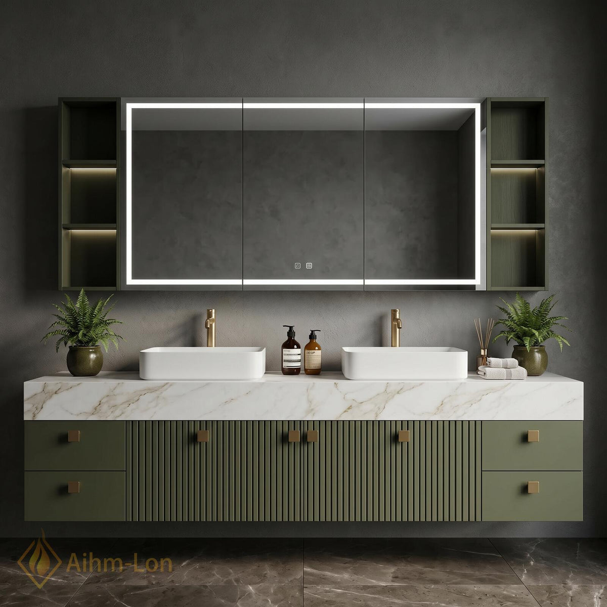 76''-96'' Bathroom Vanity with Sink Floating Double Slate Green Open Shelving Fluted