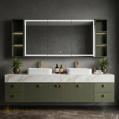 76''-96'' Bathroom Vanity with Sink Floating Double Slate Green Open Shelving Fluted