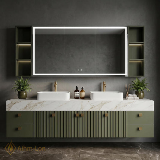 76''-96'' Bathroom Vanity with Sink Floating Double Slate Green Open Shelving Fluted