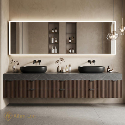 60''-96'' Bathroom Vanity with Sink Modern Floating Dark Wood Finish Slatted Front