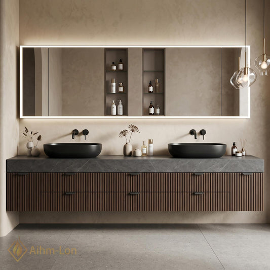 60''-96'' Bathroom Vanity with Sink Modern Floating Dark Wood Finish Slatted Front