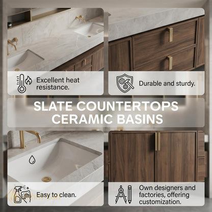 80''-96'' Double Bathroom Vanity with Sink Floating Double Walnut Finish Modern